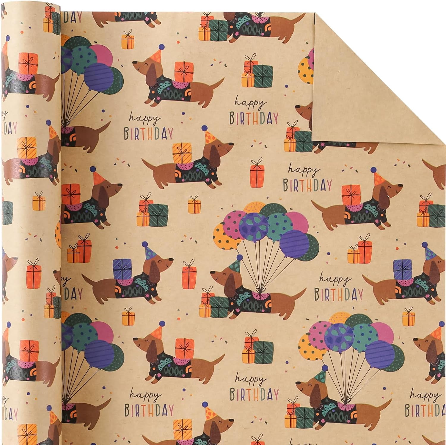 Kraft Dog Birthday Wrapping Paper Roll - Mini Roll - 17 Inch x 16.5 Feet - Dachshund Dog Wrapping Paper Perfect for Kids Boys Girls Birthday, Dogs Lover