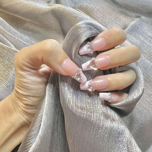 10pcs 3D Pink French Tip Heart Rhinestone Translucent Reusable Glitter Plaid Handmade Press On Nails (XS)