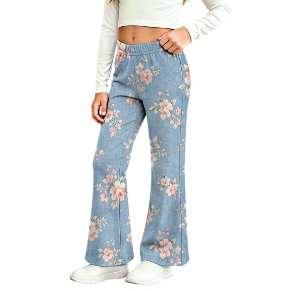 MuXiKeJi Clothes Wide Leg Jeans Kids Cute Print Elastic Waist Wide Leg Flared Denim Pants Regular Fit Long Casual Bottoms Girls Denim Jeans