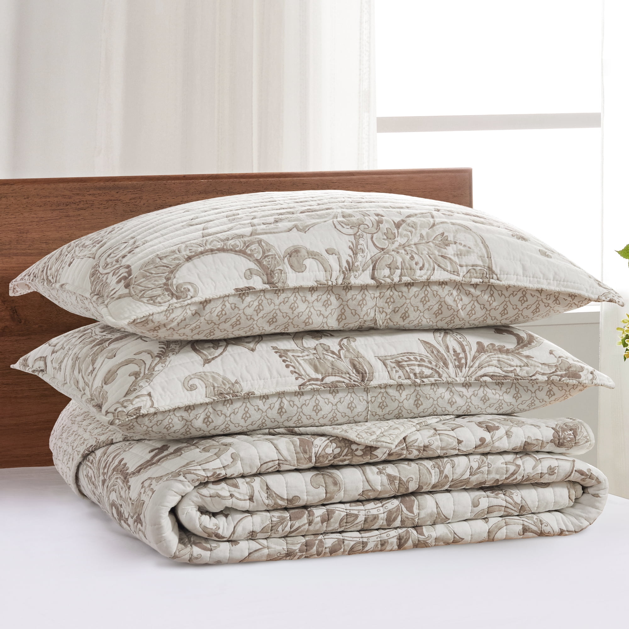 Levtex Home - Bennett Taupe Quilt Set - King Quilt and Two King Shams - Floral Paisley - Taupe and Cream - Quilt (106x92in.) and Shams (20x36in.) - Reversible - Cotton