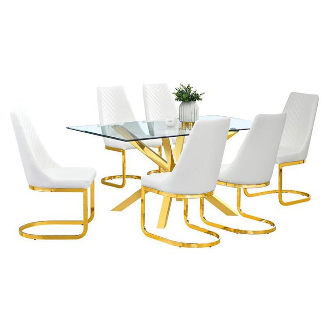 63 "x 39" Rectangulaire Verre Clair 7pc Salle à Manger Ensemble avec de l'Acier Inoxydable Or