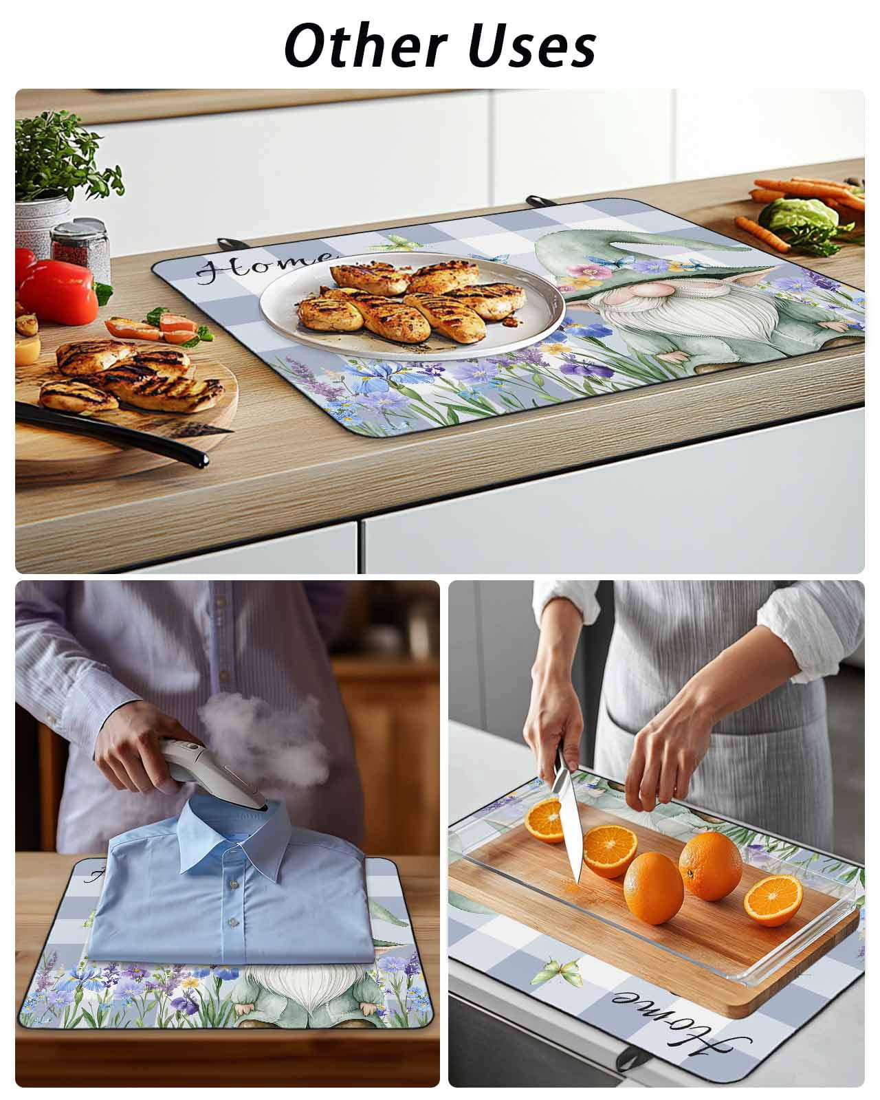 Stove Top Covers for Electric Stove 31x24 Inches, Spring Gnomes Heat Insulation Fireproof Glass Cooktop Protector, Botanical Flowers Purple Buffalo Plaid Countertop Stovetop Cover for Kitchen