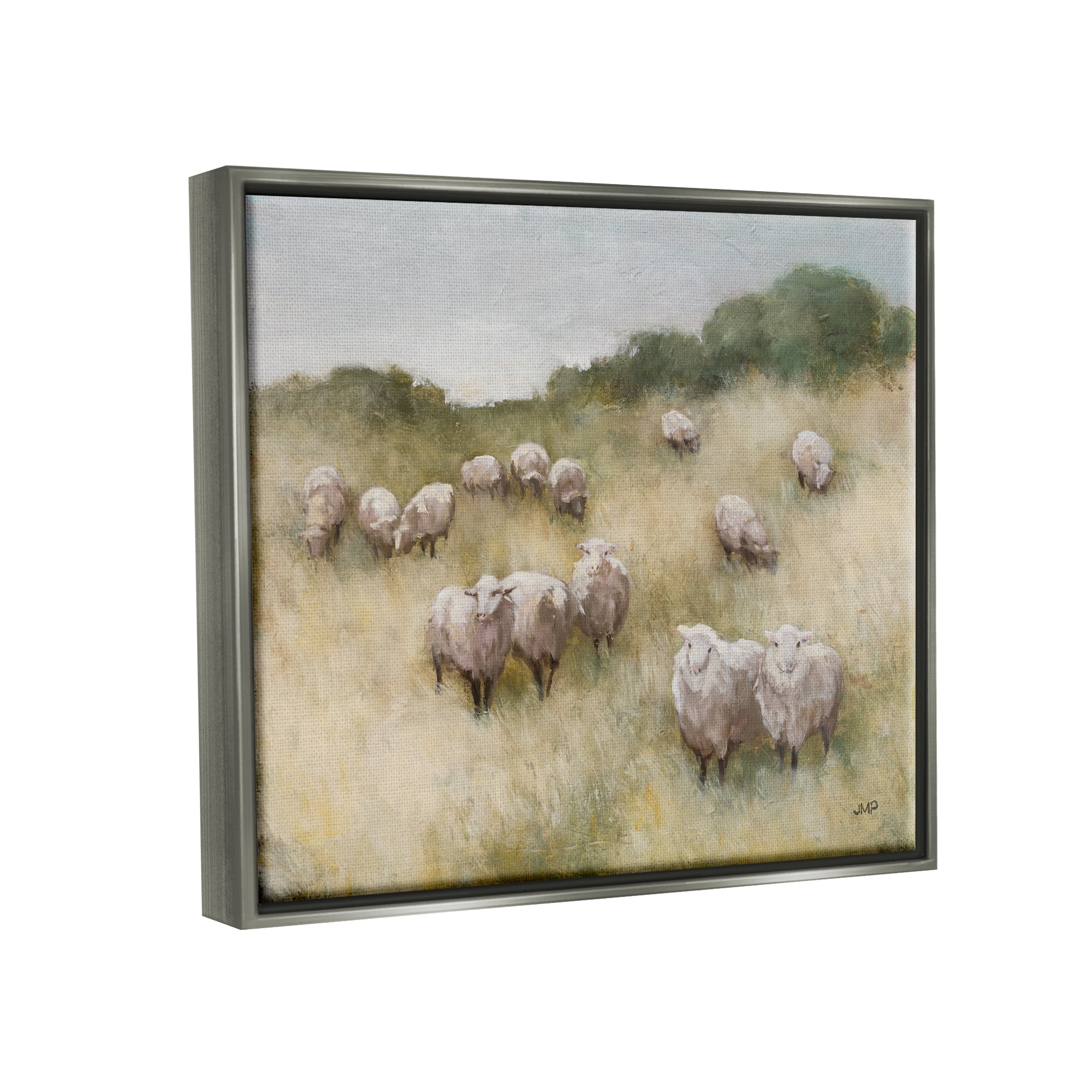 Stupell Industries Sheep Herd Rural Grassland Animals & Insects Painting Gray Floater Framed Art Print Wall Art, 21 x 17