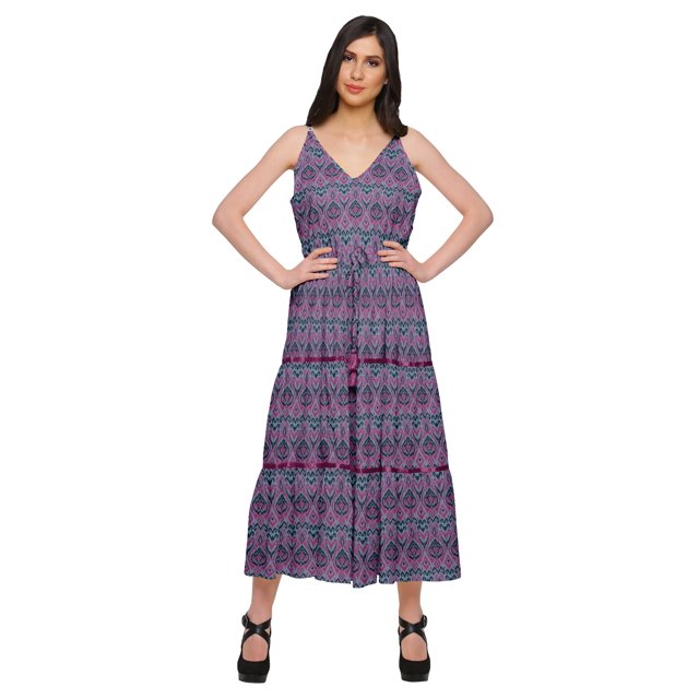 Moomaya Robe Longue Maxi pour Femmes en Coton Imprimé à Bretelles Spaghetti et Col en V