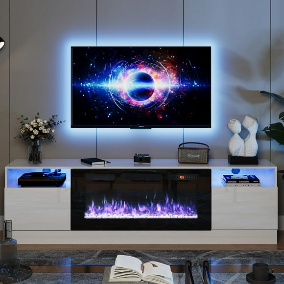 oneinmil Fireplace TV Stand with 36" Electric Fireplace, LED Light Entertainment Center, Modern Wood Texture Highlight Storage Cabinet for TVs Up to 80", 70 inches,White