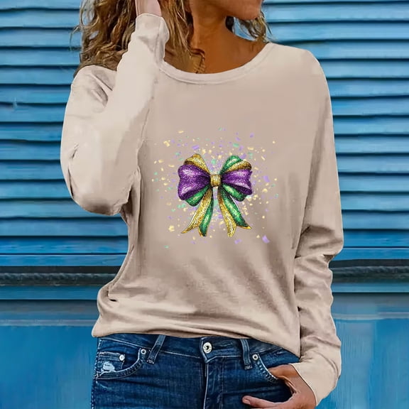 Craaazy Women's Crew Neck Long Sleeve Mardi Gras Loose Shirts Gifts