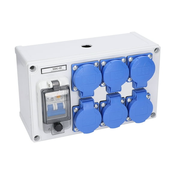 Outdoor IP54 Waterproof Wall Outlet Box with Self-Closing Cover, 6-Gang German Standard Socket (200-250V 10-16A), ABS Plastic Construction, 40A Circuit Breaker, Ideal for Gardens, Parks, Garages,