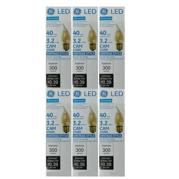 (6 pack) GE 75914 Vintage Style LED 40 watt equivalent Decorative CAM bulb candle shaped LED bulb