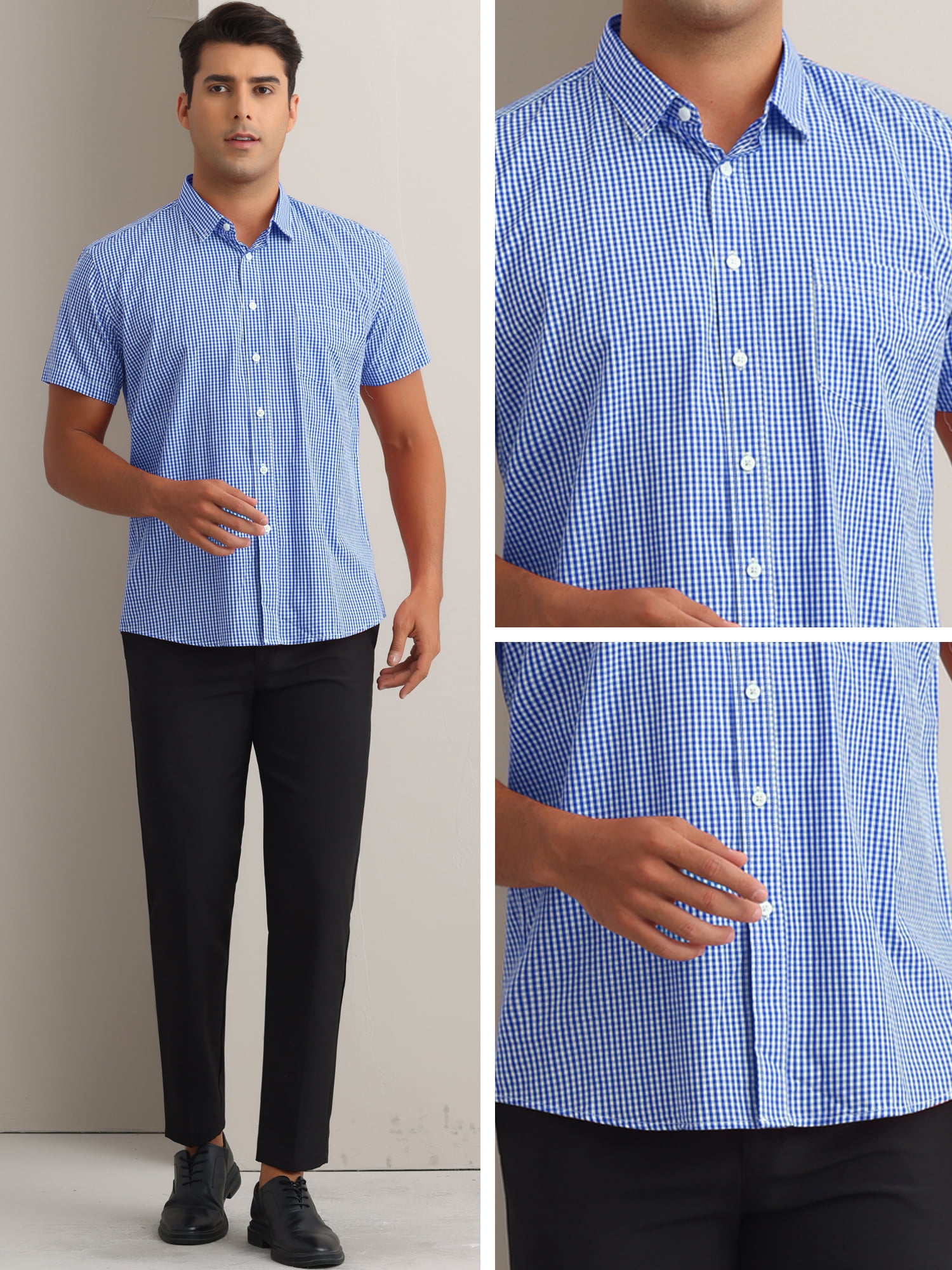 DARING DIVA Men's Gingham Tartan Button Short Sleeve Business Plaid Dress Shirt XL Cyan
