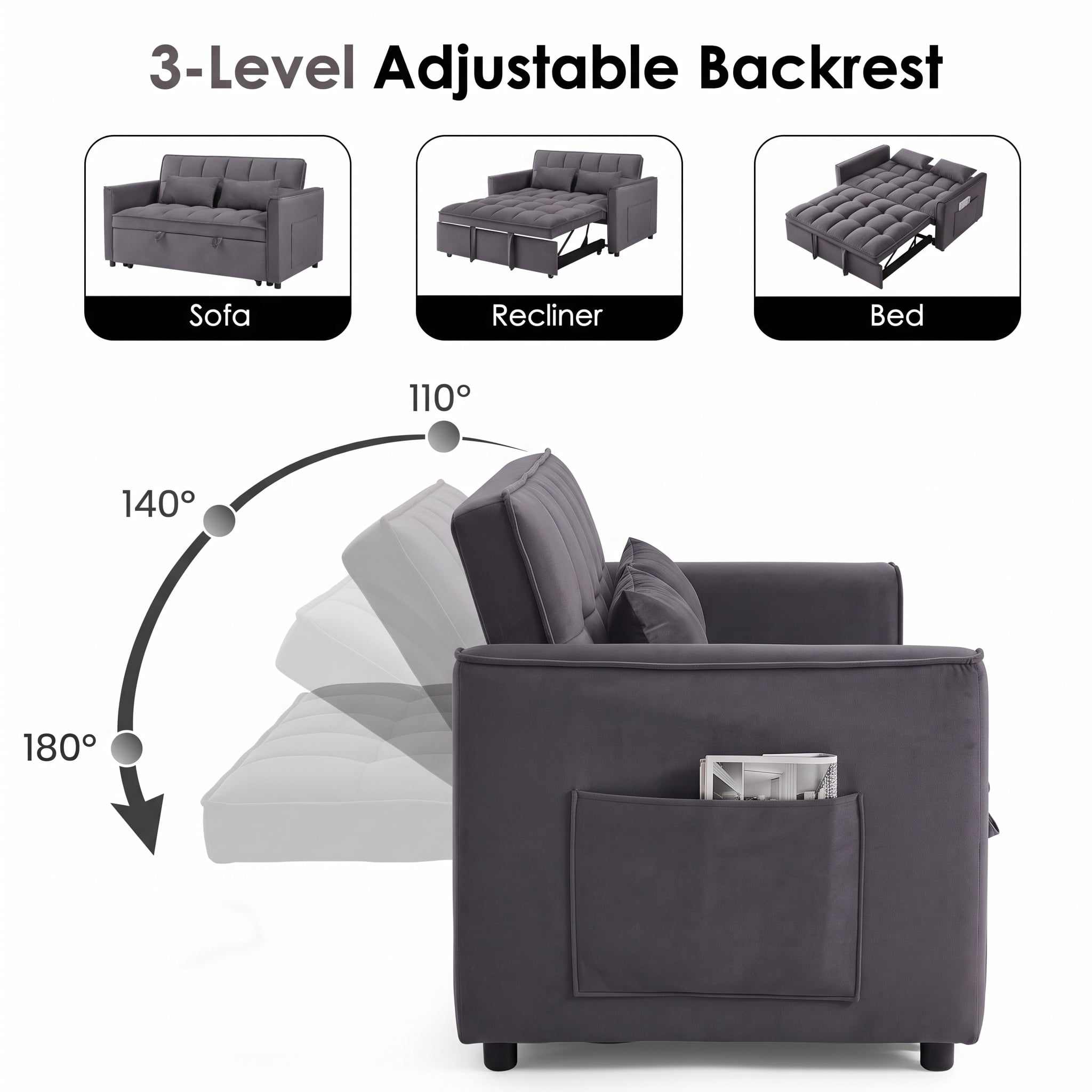 avobird 3 in 1 Convertible Sleeper Futon Sofa Bed, 55" Pull Out Sofa Bed with Storage Pocket/Side Pocket/2 Pillows for Living Room, Dark Gray