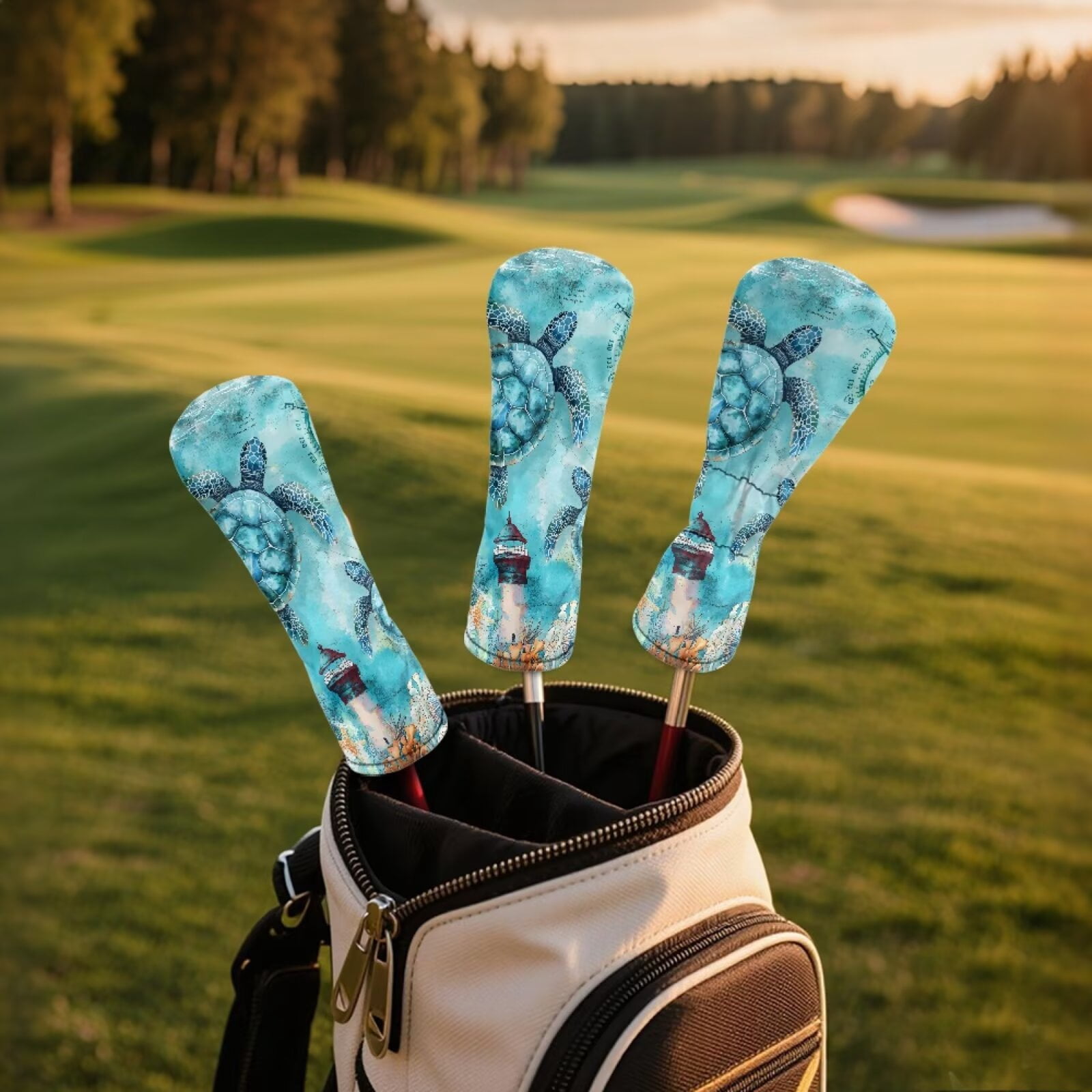 Uorisanigo Golf Club Head Covers Set 3 Pack, Blue Turtle Golf Driver Headcover Fairway Wood Headcover Hybrid Club Head Cover Fit Most Golfs Clubs with Soft Lining for Extra Clubs Protection