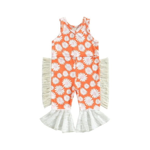 xiaxaixu Toddler Girl Summer Jumpsuit Overalls, Sleeveless Floral Print Tassel Romper Bell-Bottoms