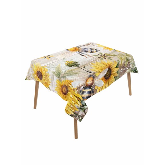 Sunflower Rectangle Tablecloth, Vintage Summer Bee Botanical Farmhouse Waterproof & StainResistant Tablecloth, Washable Oil-proof Table Cover for Dining/Party/Wedding/Camping/Buffet 60x102 In