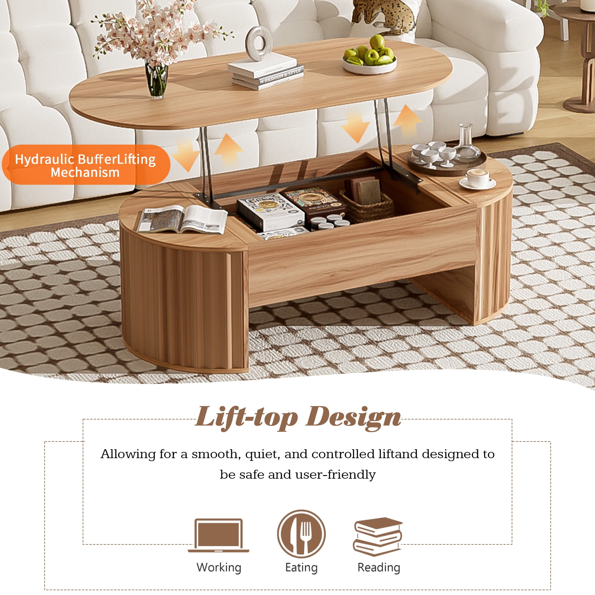 Homy Casa 47.2 in Lift Top Coffee Table with Hidden Storage Shelf for Living Room Natural Oak