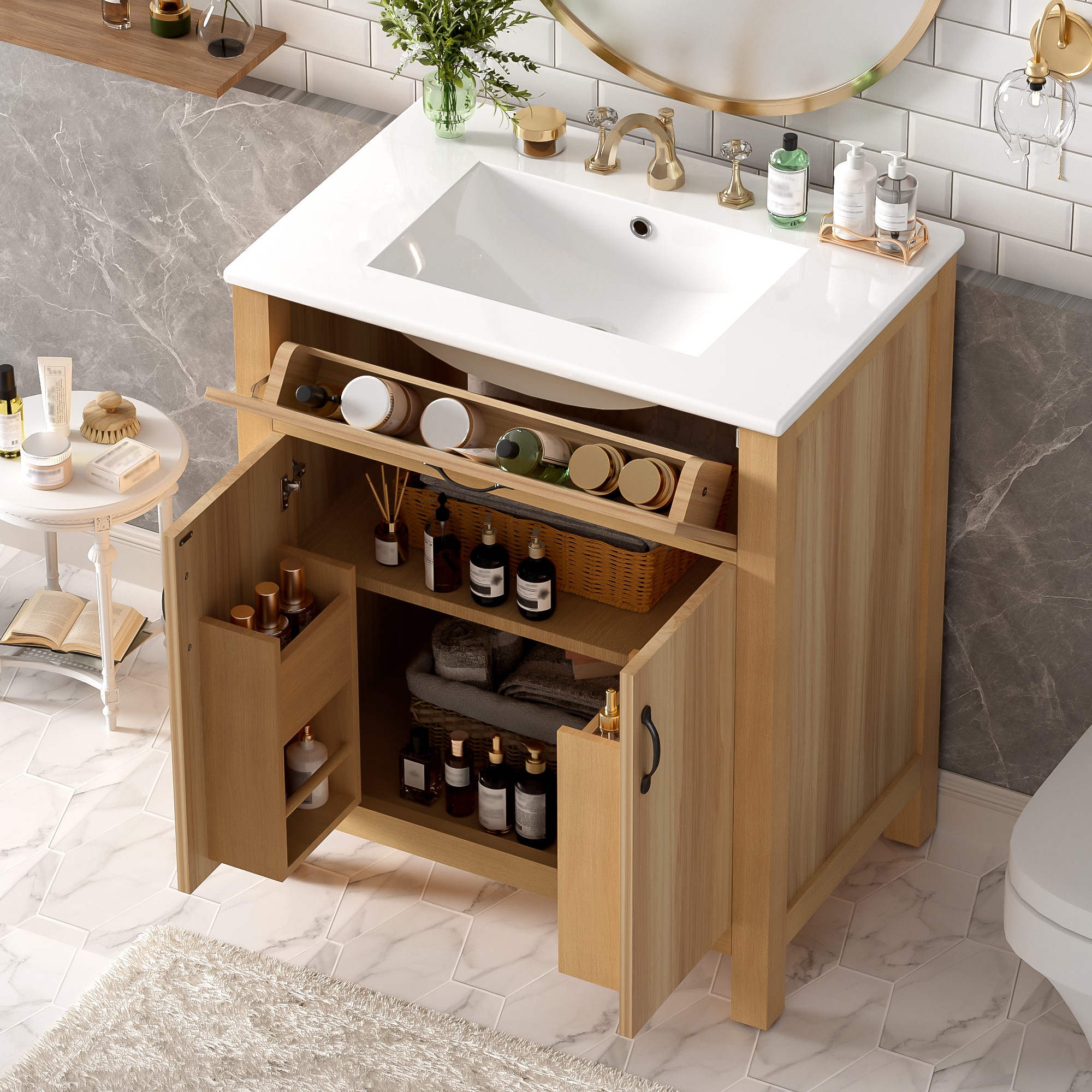 Euroco 30" Wood Bathroom Vanity with Solid Wood Frame, 2 Soft Close Doors,1 Flip Drawer, Adjustable Shelf, Modern Storage Cabinet