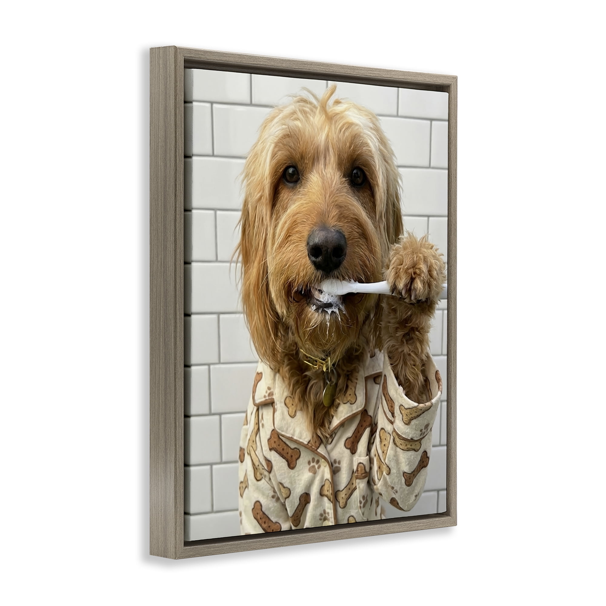 Stupell Industries Realistic Dog Brushing Teeth Brown Framed Floater Canvas Wall Art, design by Abigail Walker