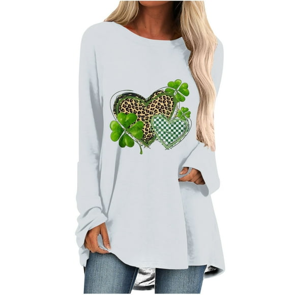 QIPOPIQ Women's Long Sleeve Crew Neck Shirts St. Patrick's Day T Shirts Shamrock Printed T Shirt Lucky Green Shirt T-Shirts St Patricks Day Shirts Tops Ladies Loose Tunic Holiday Shirts Deals
