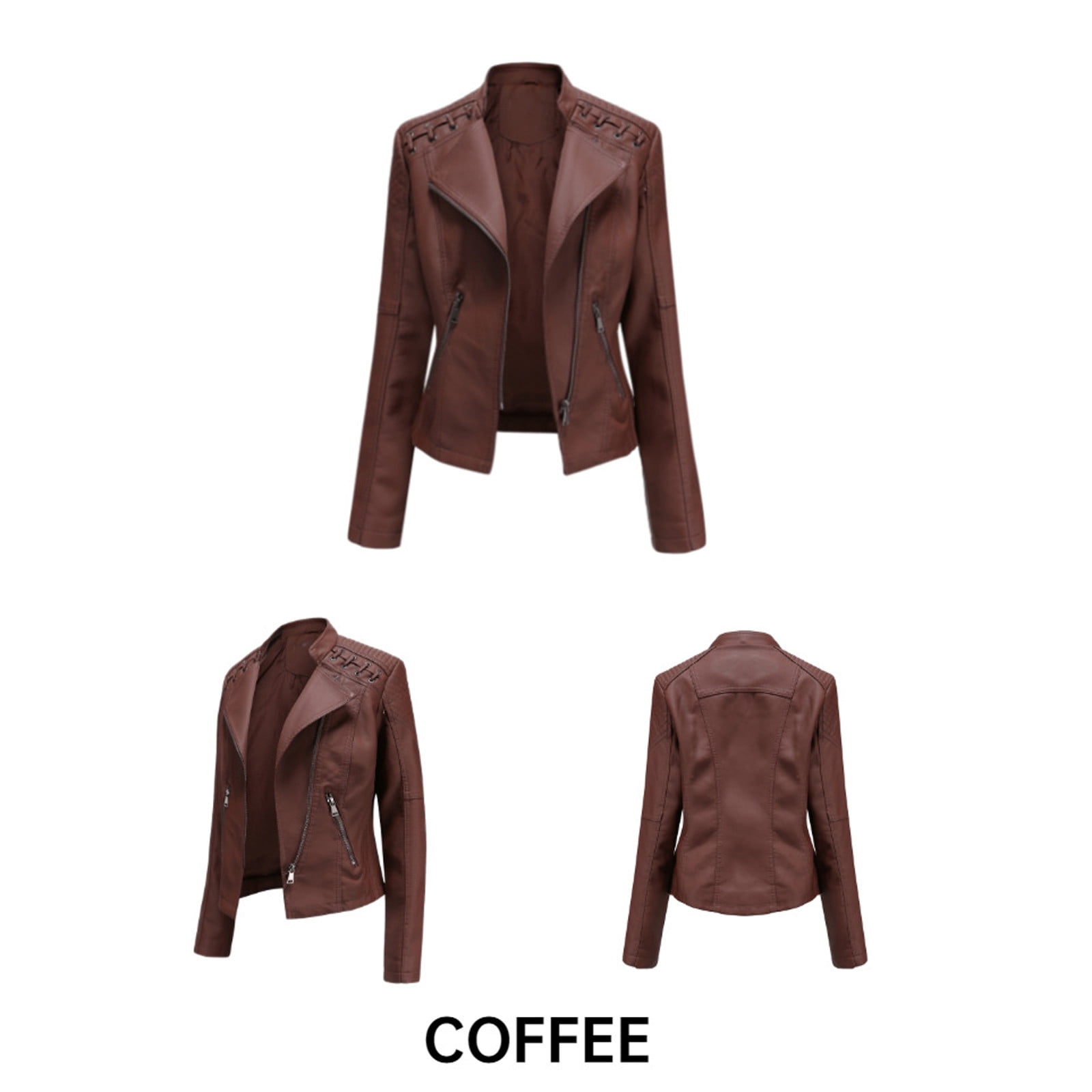 QATAINLAV Women's Faux Leather Moto Jacket Casual Short Solid Color Biker Coat Fall Winter Long Sleeve Zip Up Jackets with Pockets, Coffee, XXXL