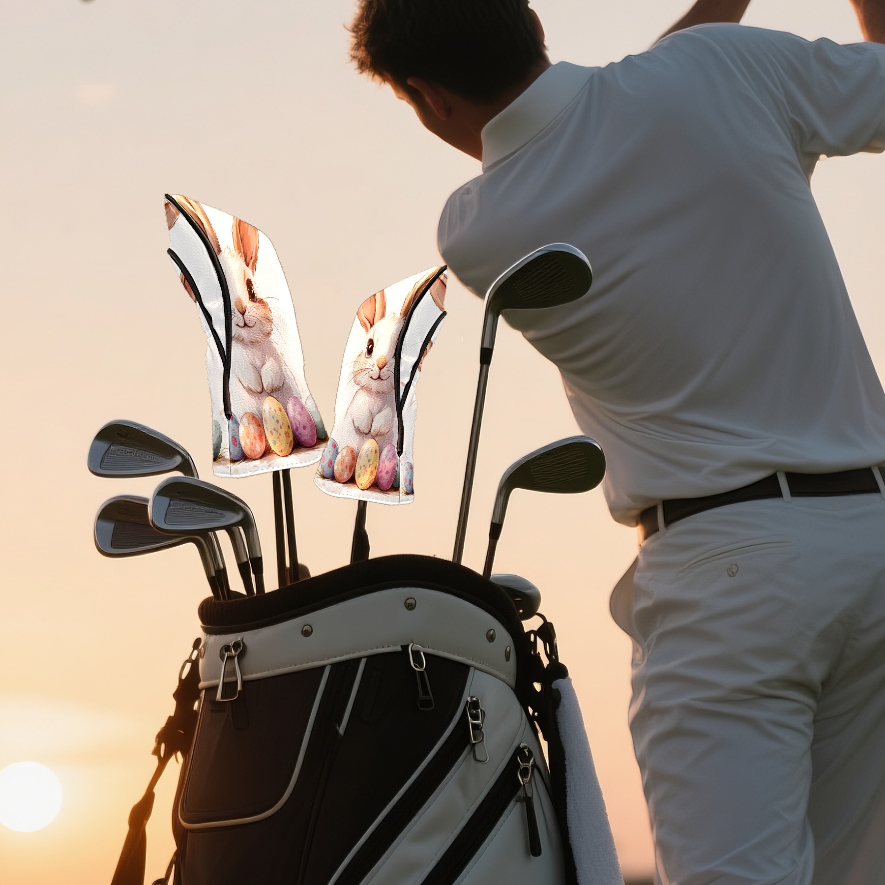 Golf Club Covers PU Leather Waterproof Head Covers for Fairway Woods Hybrids Cute Easter Rabbit With Easter Eggs