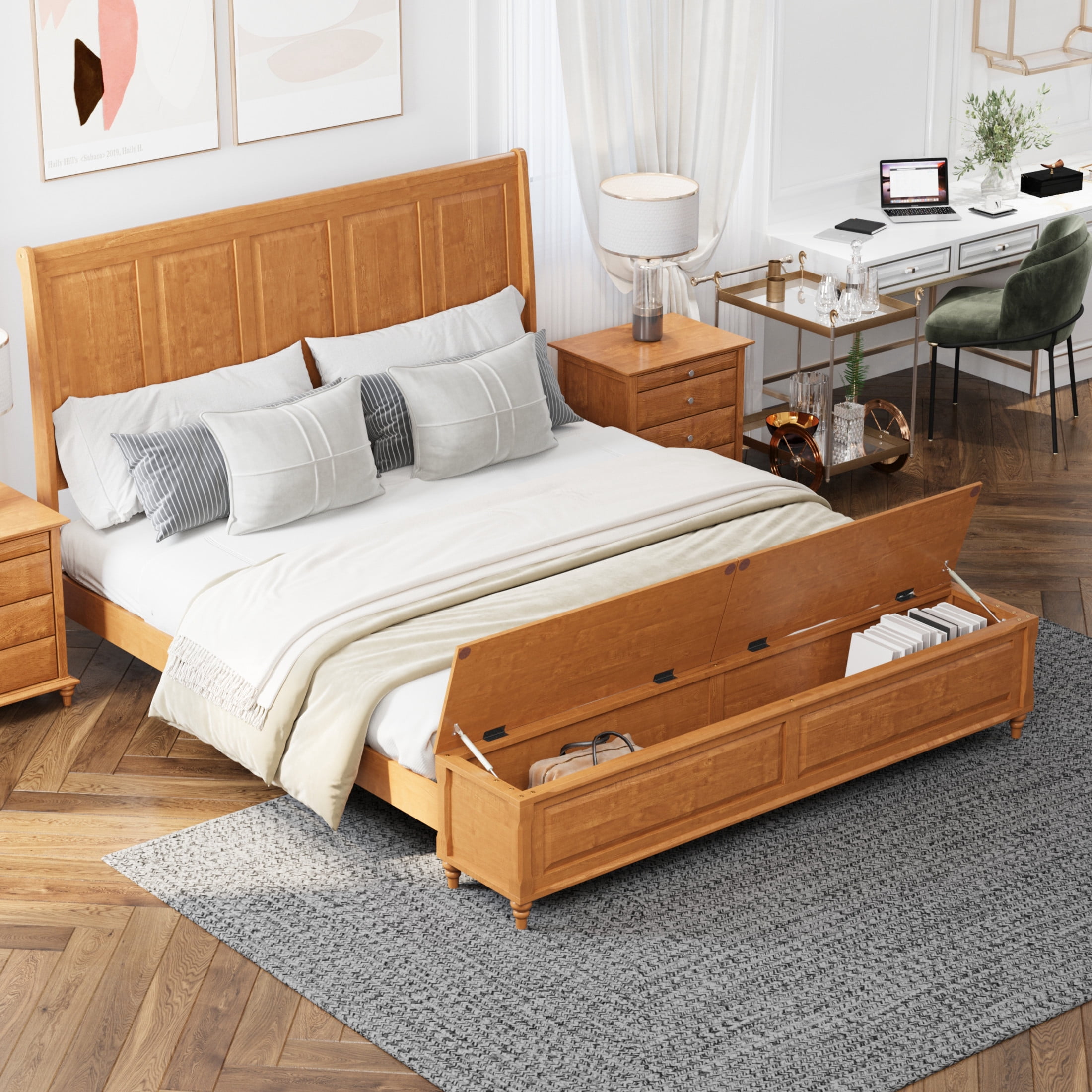 GDF Studio King Size Solid Wood Sleigh Bed with Tall Headboard and Storage Bench, Natural