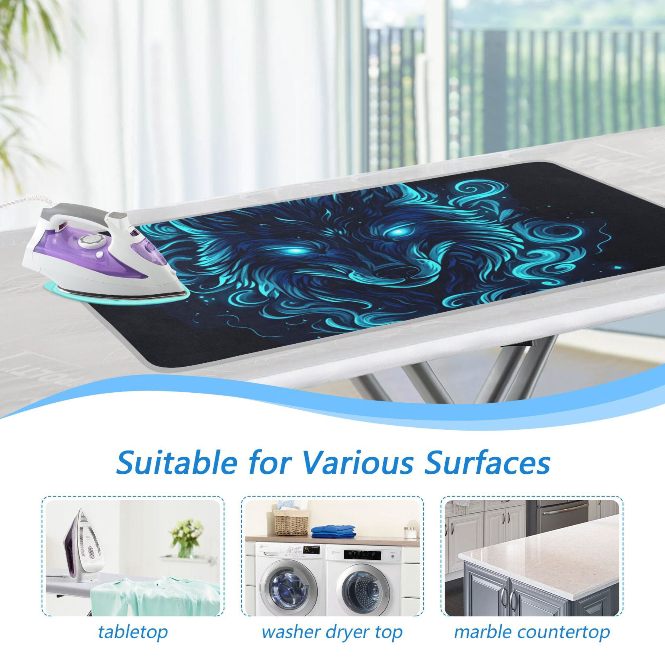 Blue Neon Wolf Face Ironing Mat Blanket Portable Travel Ironing Pad Heat Resistant Pad 47.2" x 27.6”