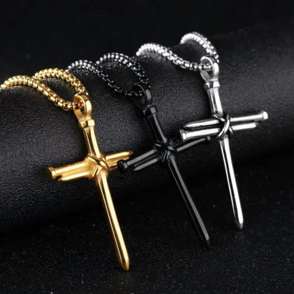 GKNET Mens Womens Nail Cross Pendant Necklace Christian Delicate Jewelry Stainless Steel Chain-Black