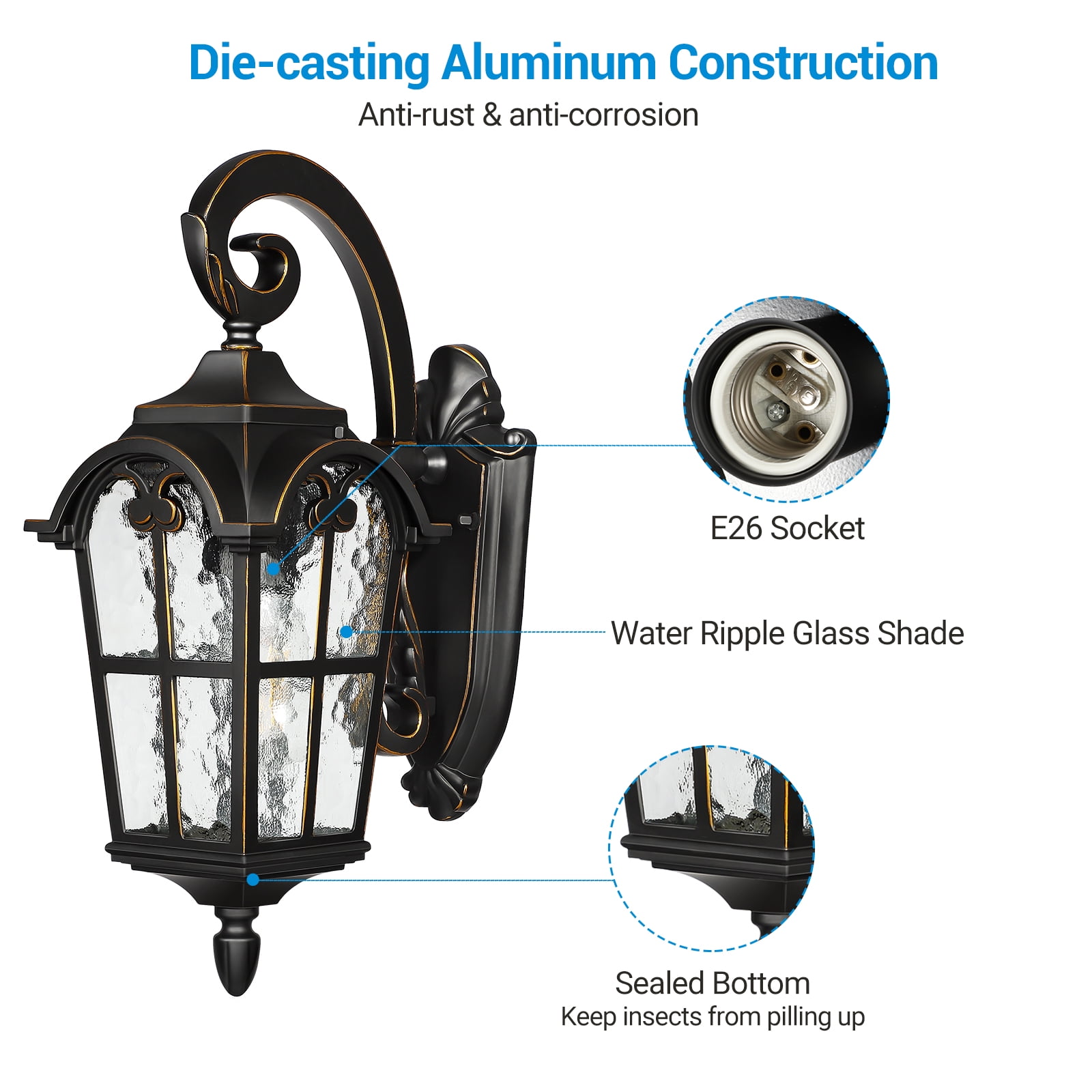DEWENWILS Outdoor Wall Light Fixtures Outside Wall Sconce, Black Roman 17.7" H Exterior Wall Lantern, Anti-Rust & Waterproof, Water Ripple Glass, Wall Mount Porch Light for House, Garage, A19 bulbs