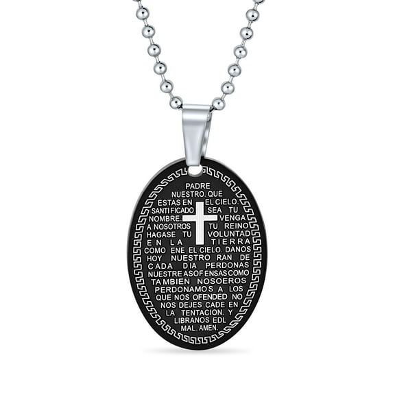 Bling Jewelry Mens Protection Religious Lord's Prayer Oval Pendant Necklace Black Stainless Steel