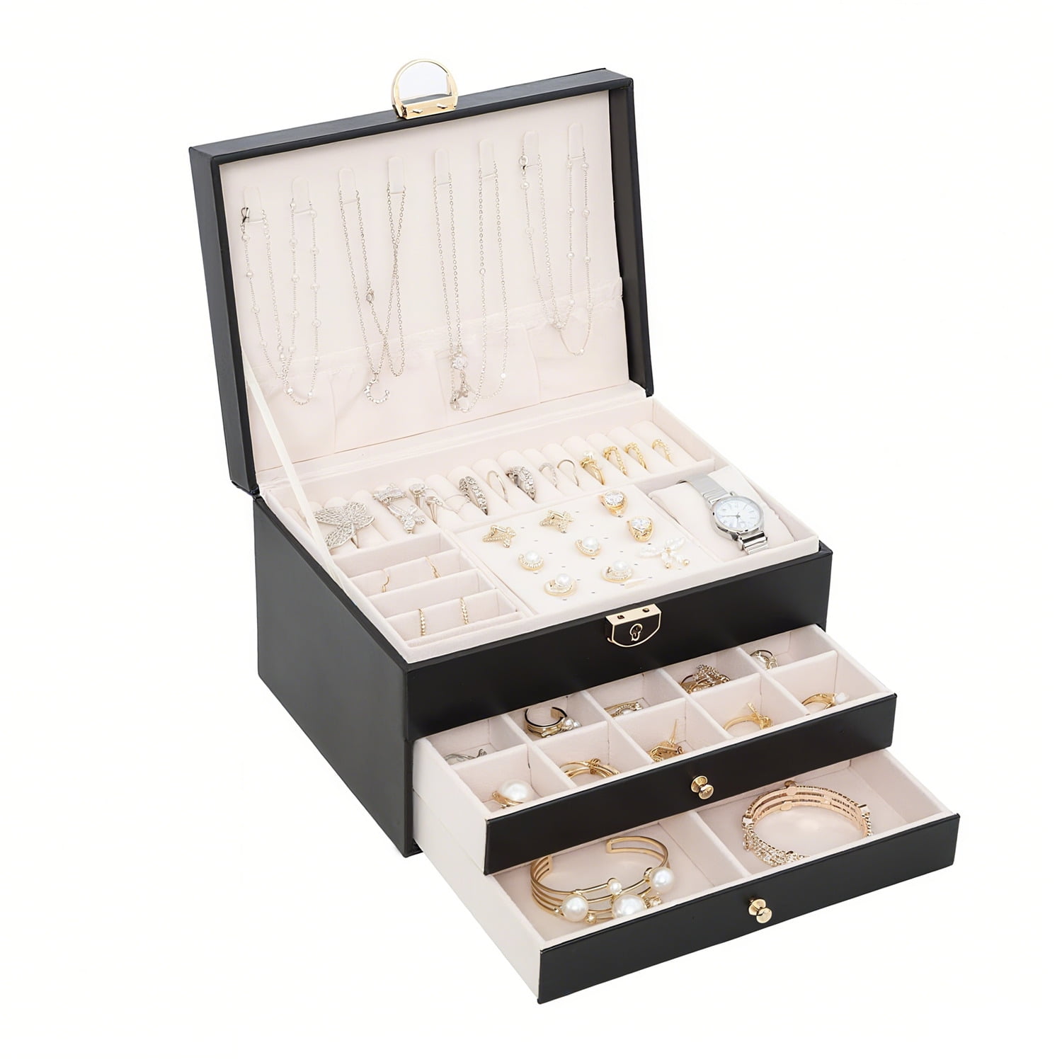 Behome Jewelry Box, PU Leather 3 Layer Jewelry Organizer Storage with 2 Drawers, Lockable Jewelry Display Case for Women Earring, Ring, Necklace, Bracelets