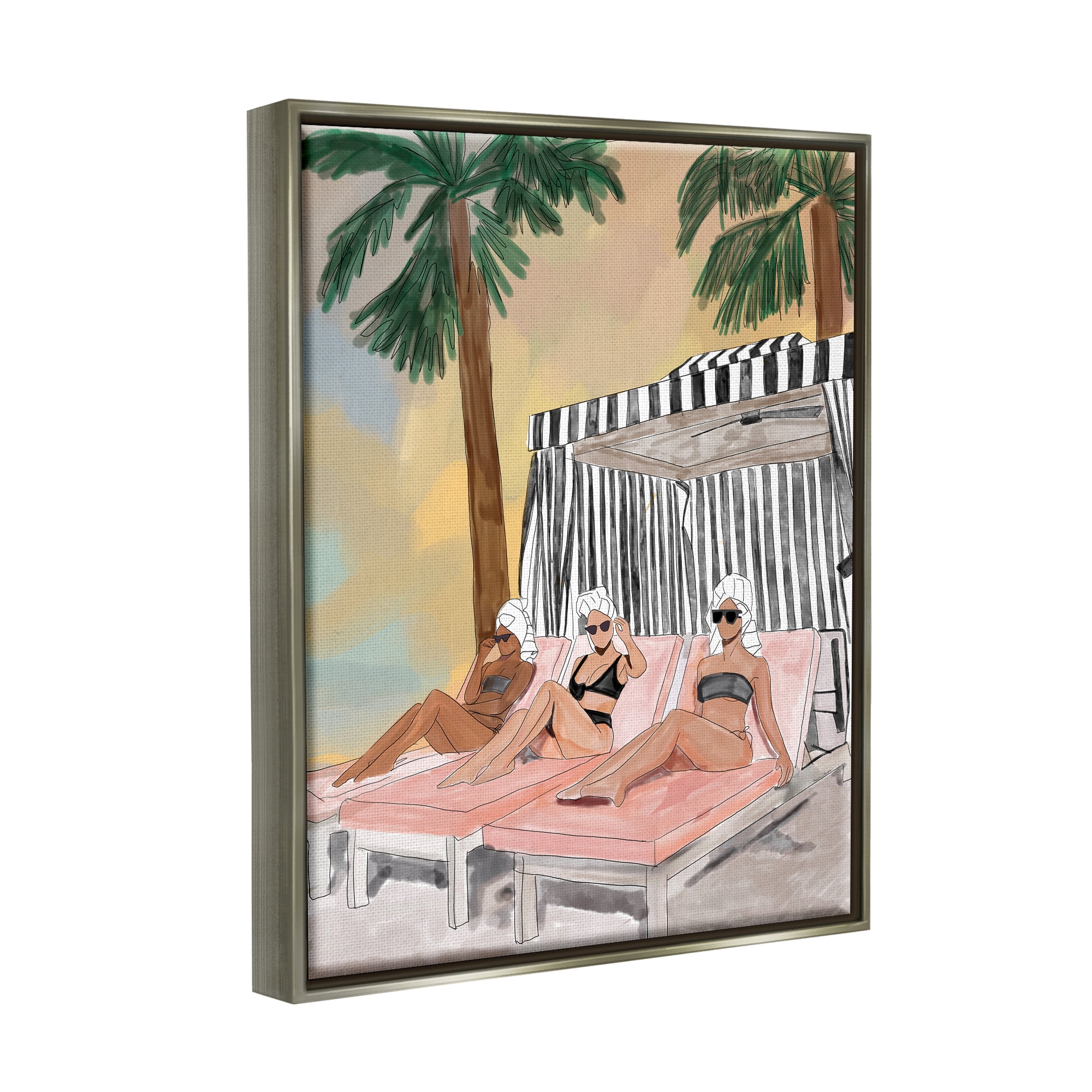 Stupell Industries Girls in Summer Beach Canopy Coastal Painting Gray Floater Framed Art Print Wall Art
