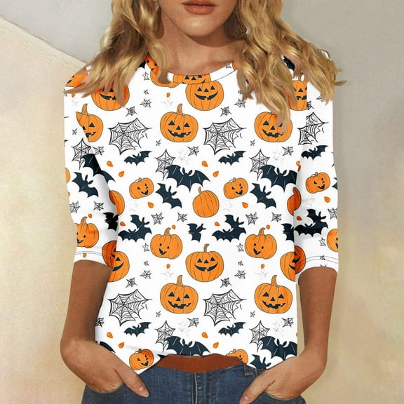 Wensltd Womens Casual Halloween 3/4 Sleeve Crew Neck Tee Shirts Leopard Pumpkin Shirts Fall Tops