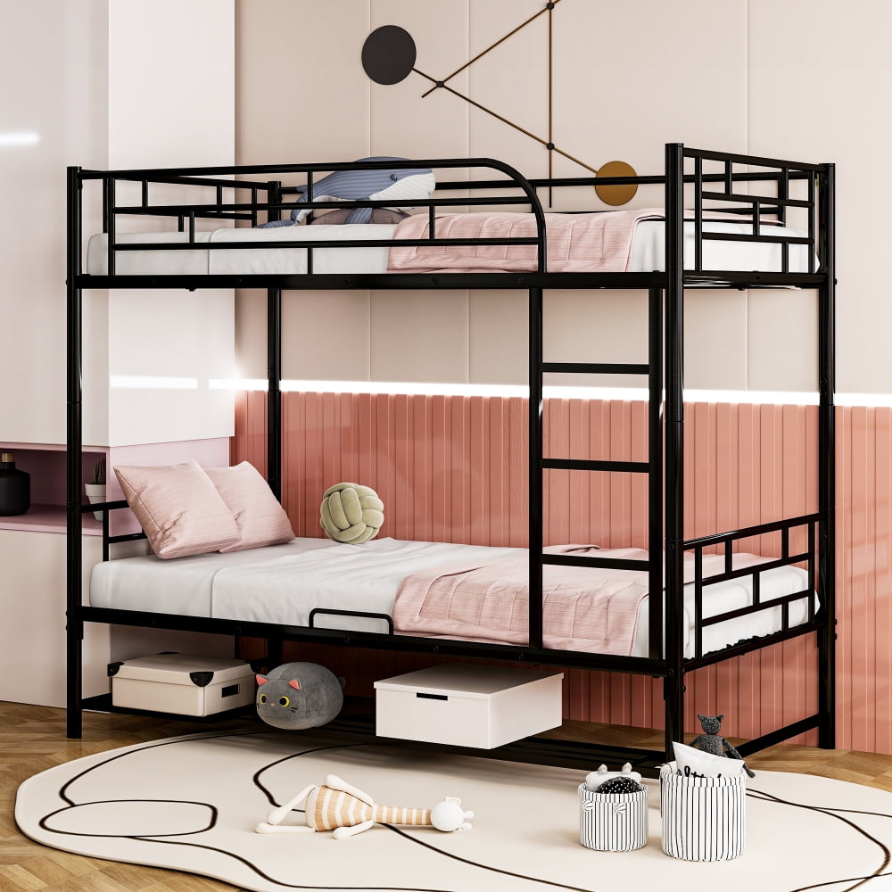 Twin Over Twin Metal Bunk Bed with Ladder & Safety Guard Rails,High