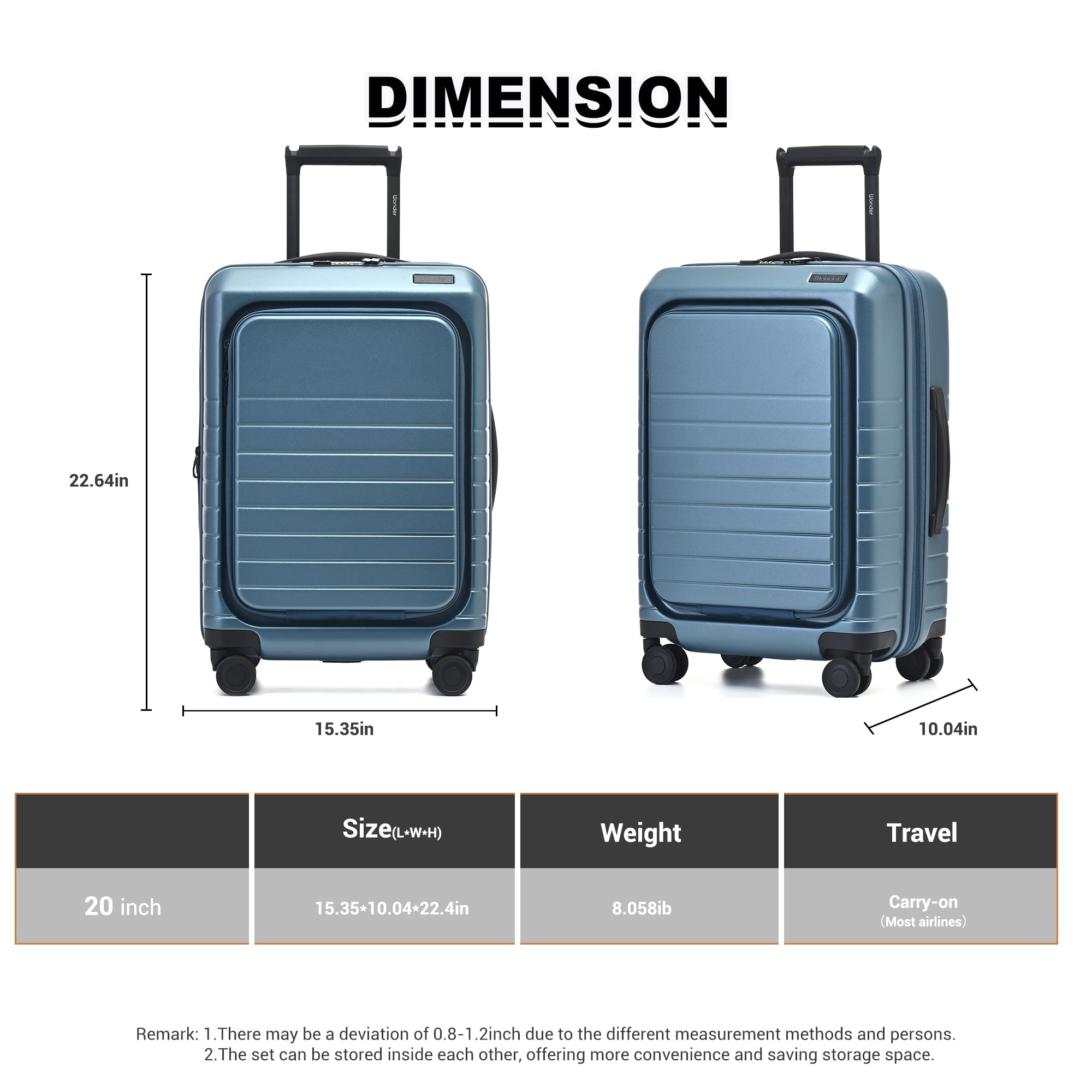 Wonder Barcelona 20" Hardside Spinner Carry-On Luggage with Front Pocket and Laptop Sleeve.BLUE