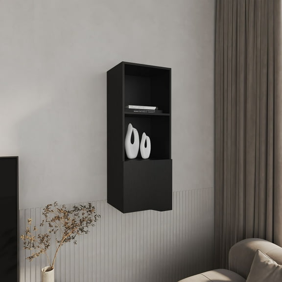 LiviNest Wall Mounted Storage Cabinet: Modern Black Wall Shelf with Door & 3 Shelves for Studio Apartments - Space Saving Furniture for Home Office & Living Room Organization