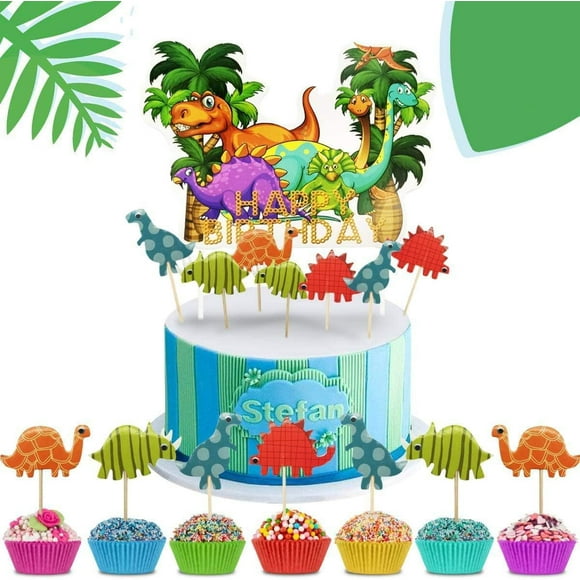 73 Pieces Dinosaur Cake Toppers Decoration Happy Birthday Cake Toppers Cartoon Master Party Paper