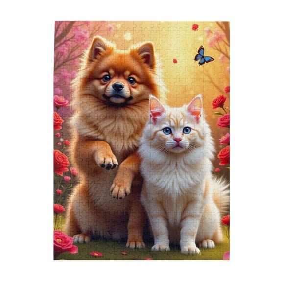 500 Piece Jigsaw Puzzle For Adults Pomeranian And Cat In Blossom Challenging & Fun Adult Puzzle Unique Artwork Great Gift Idea Home Decor