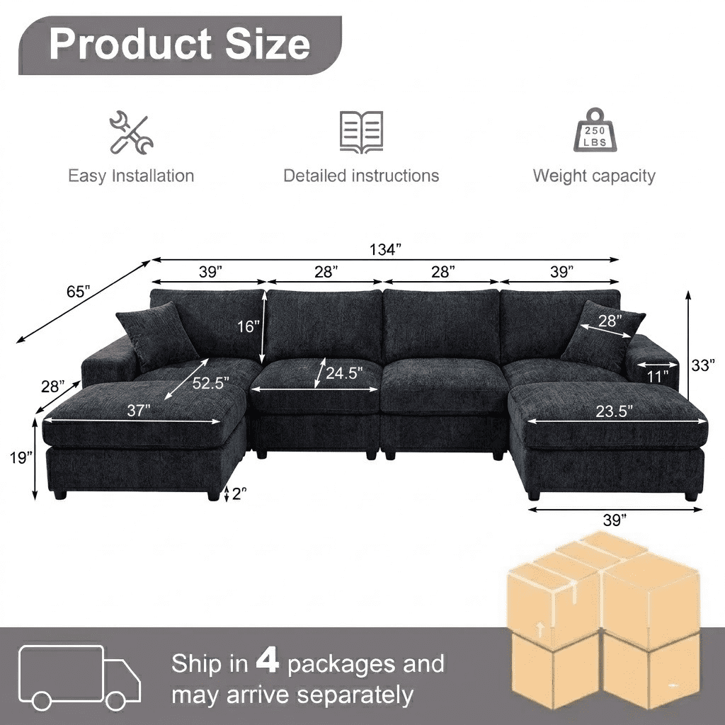 Howcool Cloud Couch Modular Sectional Sofa 6 Seat 134" U Shaped Convertible Couch Chenille Thick Cushion with 2 Storage Ottomans and Toss Pillows Washable Removable Cover for Living Room,Blue Gray