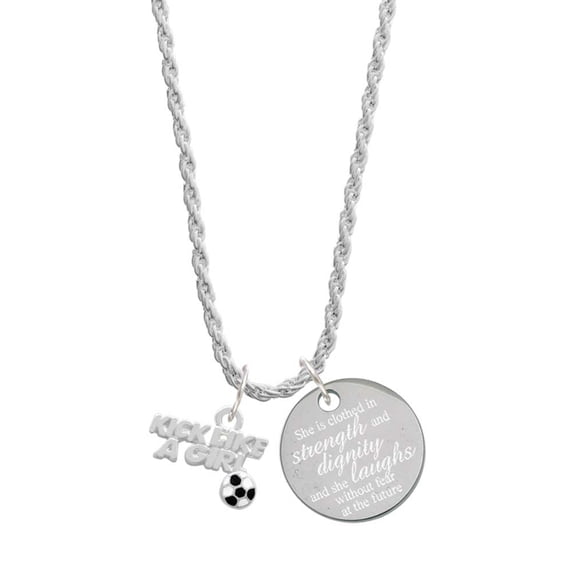 Delight Jewelry Silvertone Kick Like a Girl with Enamel Soccer Ball She is Clothed in Stength and Dignity Charm Necklace, 20" 3"