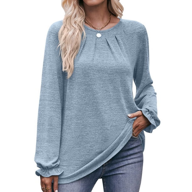 Camisas de Larga para Mujer, Moda Otoño 2025, Blusas Elegantes e Informales, Blusas Tipo Túnica Plisadas con Cuello Redondo. Azul S