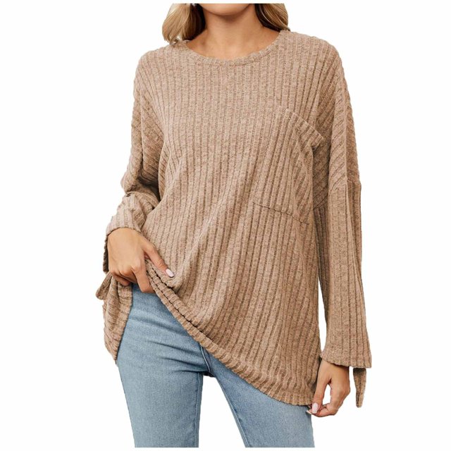Yuyuzo Women Oversized Jumper Tops Long Sleeve Crew Neck Pullover Sweaters Ribble Knit Solid Color Blouse