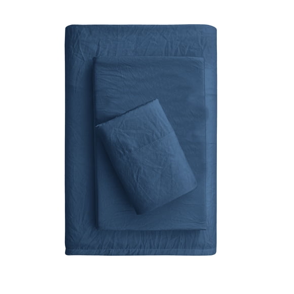 Mainstays Washed Ultra Soft Microfiber Bed Sheet Set, Twin-XL, Washed Indigo, 3 Piece