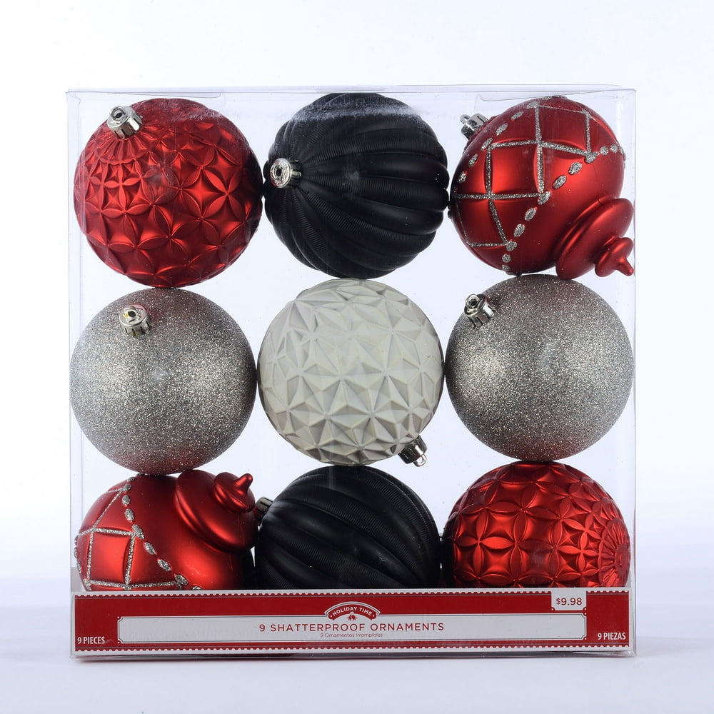 Holiday Time Shatterproof Ornaments, Red, Silver, Black, & White, 9 ...