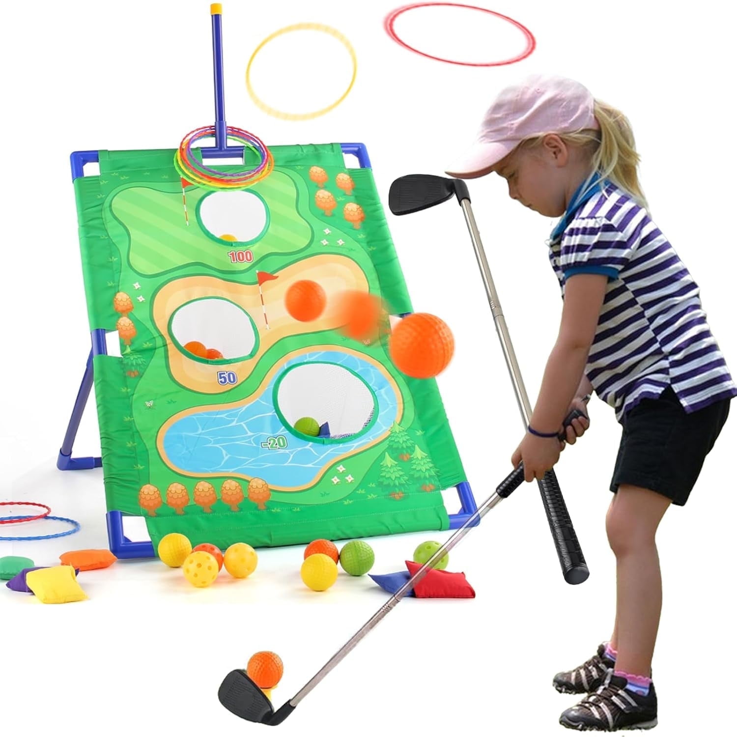 Kids Golf Yard Game,Golf Chipping Game, Cornhole Game, Ring Toss Game - 3 Set in 1 Game Kit with Chipping Mat and Stand for Adults Kids, Chip Sticky Practice Indoor Outdoor