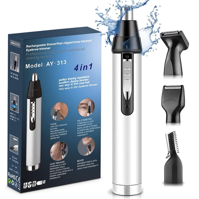 Cortapelos de Nariz, Juego del Recortadora Personal Impermeable de Acero Inoxidable 4 en 1, (Nariz, Orejas, Cejas y Bigote) Para Hombres y Mujeres