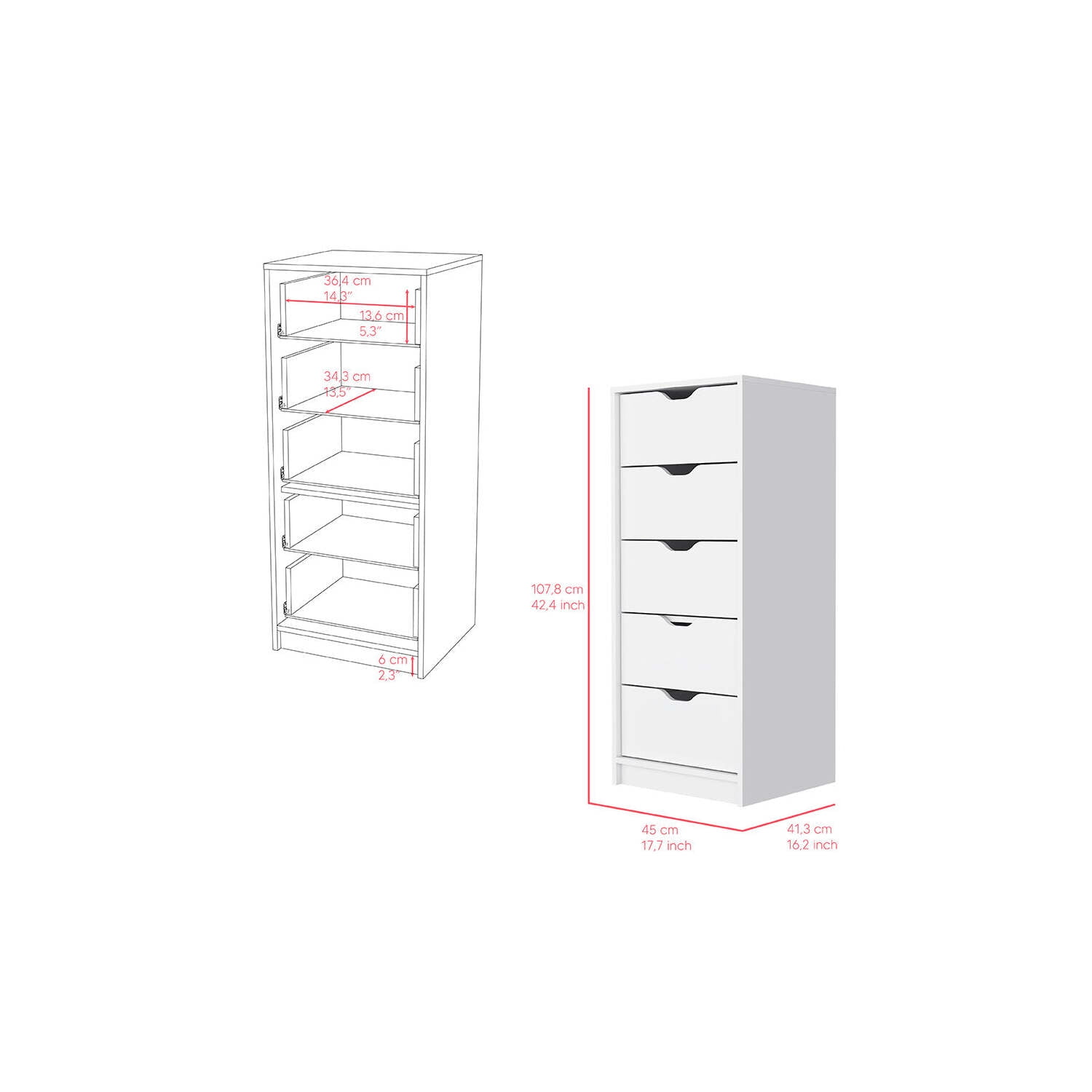 We Have Furniture Dresser Kamran, Five Drawer Narrows, White Finish