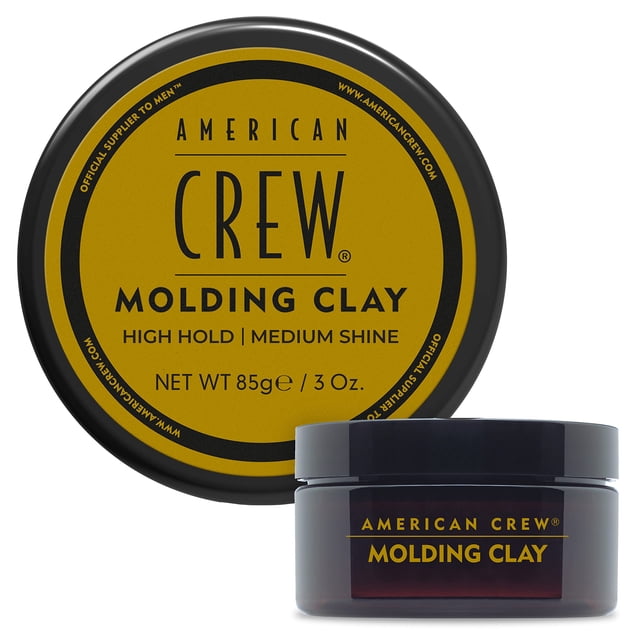 arcilla moldeadora american crew high hold medium brillo 90 ml, dos envases frontales: tapa circular mostaza con texto negro y tarro oscuro translúcido con etiqueta; arcilla para peinar con alta fijación y brillo medio, recomendada para cabello normal, a menudo usada para añadir textura controlada en peinados cortos.
