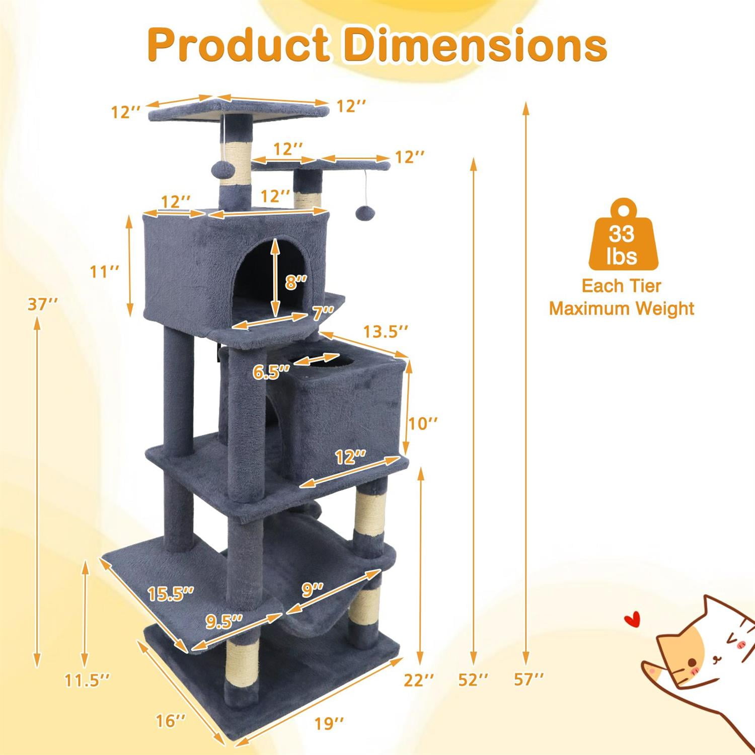 Pefilos 57" Cat Tree, Dual Condos & Hammock, 2 Dangling Balls & Sisal Scratching Posts, Gray