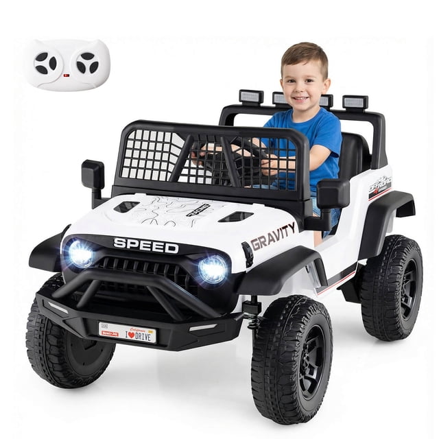 Costway Voiture Électrique 24 V avec Télécommande, Musique, Phares DEL, Suspension à Ressorts pour Enfants, Blanc