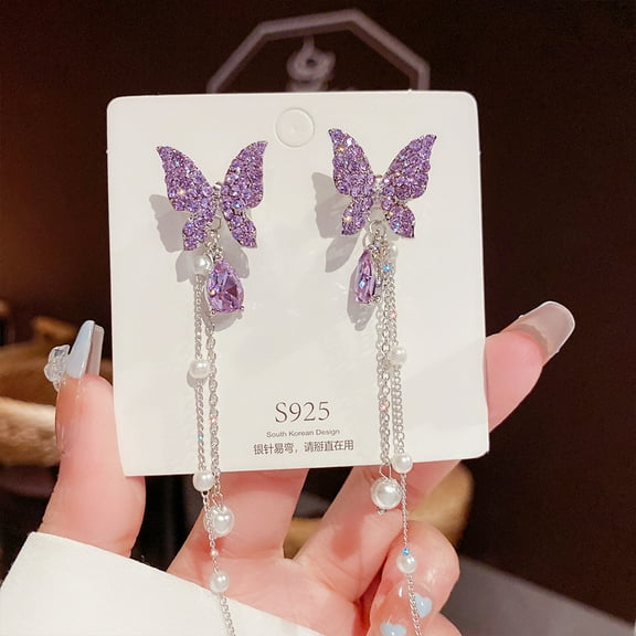 Sunyuer Boho Long Pearl Butterfly Dangle Earrings Amethyst Butterfly Tassel Earrings Purple Crystal Butterfly Earrings Jewelry for Women