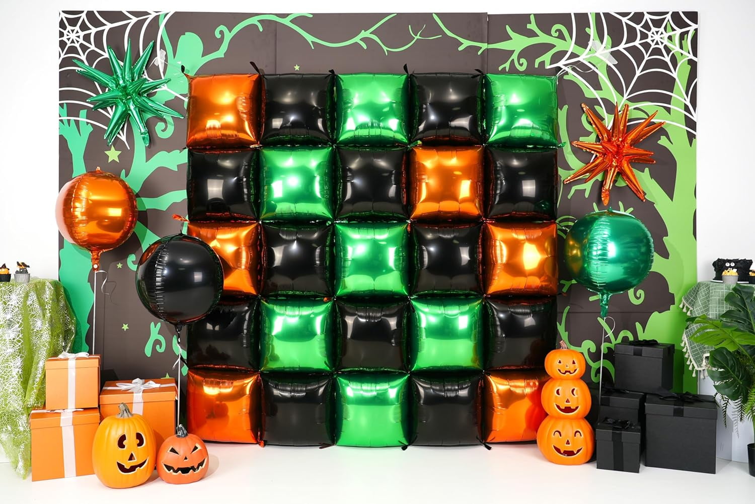 Black Orange Green Foil Balloon Wall,25Pcs Double Sided Balloons Backdrop Helium Polyester Balloon Tunnel Arch Garland Kit for Halloween Birthday Bridal Anniversary Baby Shower Party Decorations